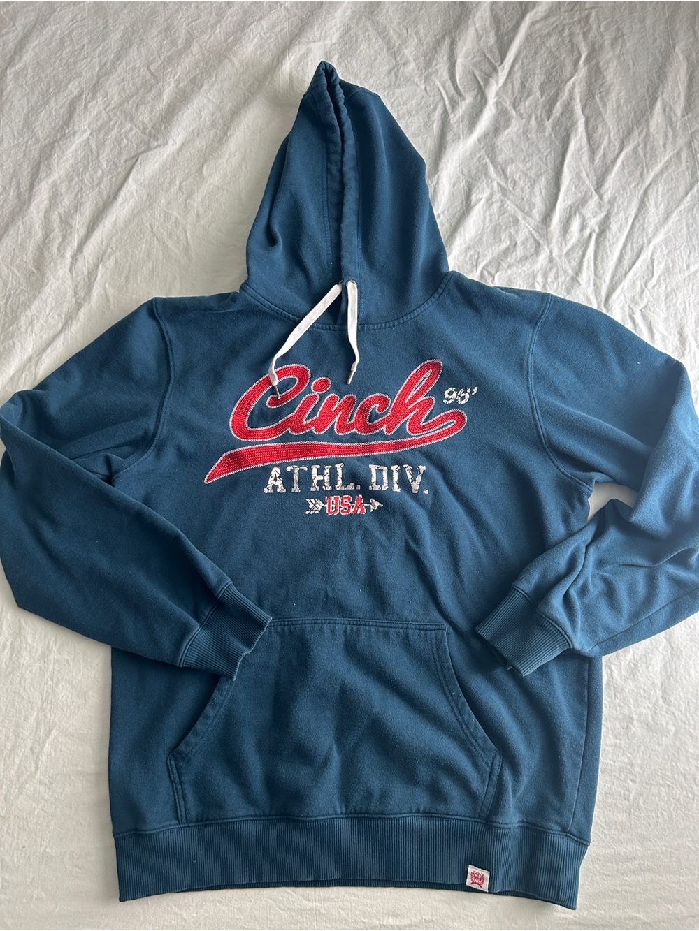 Cinch Navy Blue Hoodie with Red Script Logo
